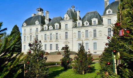 Le château de Cheverny encadré par une dizaine d'arbres de Noël décorés de boules rouges et dorées