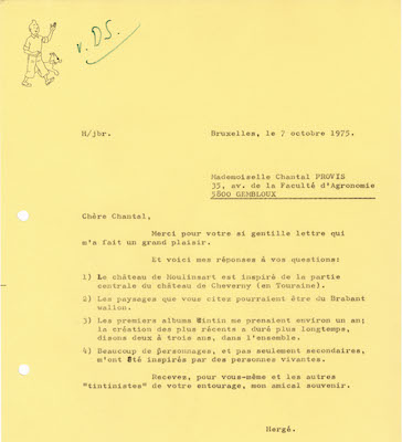 Lettre d'Hergé confirmant que Moulinsart s'inspire de Cheverny